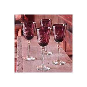 NOVICA Etched wine glasses, Grape Blossoms (set of 4 