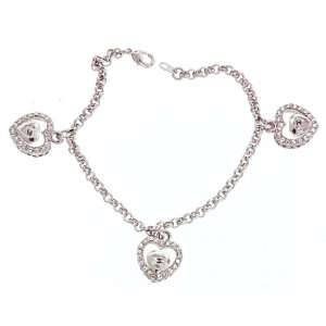 White Sapphire Cubic Zirconia Silver Plated ~Heart~ Charm Bracelet 7.5 