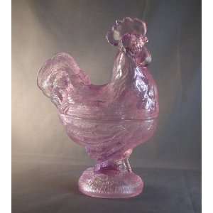  9 Pink Glass Standing Rooster Covered Candy Dish 