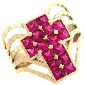  14k Real Gold Red CZ Cross Religious Diamond Cut Ring 