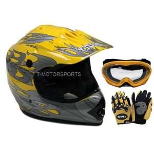   Yellow Flame Dirt Bike ATV Motocross Helmet with Goggles and Gloves