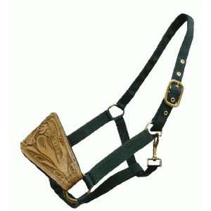 Horse Size Green Nylon Halter with Hand Tooled Leather Nose Light Oil 