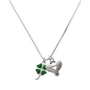 Large Green Heart Leaves Four Leaf Clovers and Silver Heart Charm 