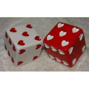  1 Huge White And Red Hearts Opaque Dice Pair