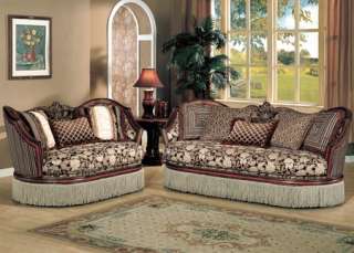 Traditional Cherry Brown Solid Wood Fabric Sofa Loveseat 2 Pc Living 