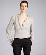 Prada pearl grey silk long sleeve v neck blouse style# 319116101