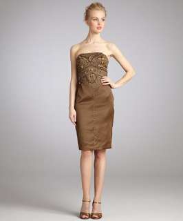 Sue Wong cinnamon beaded satin strapless party dress