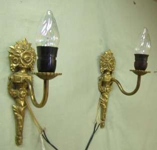 Vintage Solid Brass Urn & Floral Wall Sconces   Pair  
