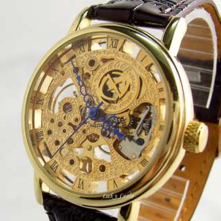New Luxury Mens Gold Skeleton Leather Mechanical Wrist Watch  