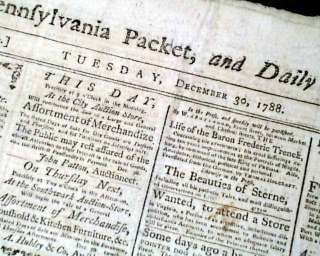 1788 NEWSPAPER Philadelphia PA Runaway SLAVES & Fire Company OLD 