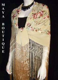 Flamenco Embroidered Silk Piano Shawl Wrap Wheat 84  