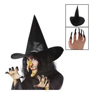   Party Witch Hat Black w Teeth Pointy Nose Chin Nails Set Toys & Games