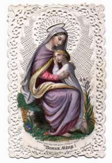 Large Antique Lace HOLY CARD of VIRGIN MARY French, 1860 80, Canivet 