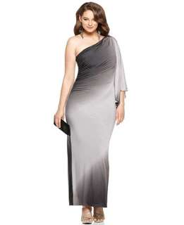 Onyx Plus Size Dress, Three Quarter Sleeve One Shoulder Ruched Ombre 