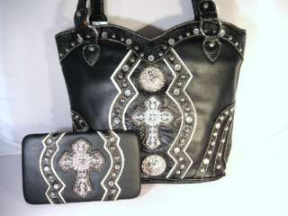 Black Tooled Rhinestone Cross Conchos Boot Top Cowgirl Handbag Purse 