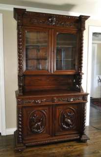  French Hunt Cabinet Hutch Buffet Bookcase~Louis XVI~Dark Oak~Carving