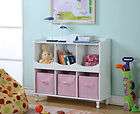 White Wood Finish 6 Cubby Storage Cabinet With 3 Pink Fabric Bins ~New 