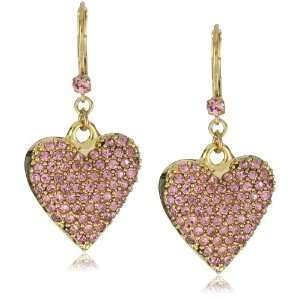 Betsey Johnson Gold Pink Crystal Heart Drop Earrings