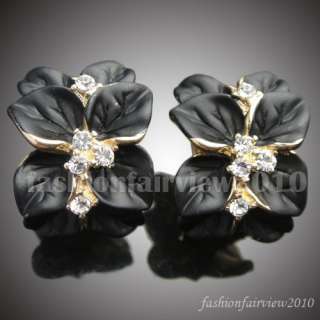 Swarovski Crystals 8 Black Leaf Flower Clip stand Pierced Studs 