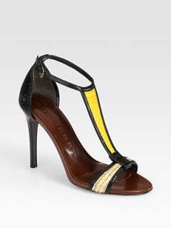 Burberry   Raffia and Leather Colorblock T Strap Sandals    