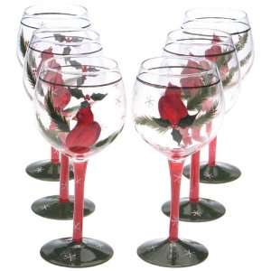  Holly Birds Hand Painted 18 Ounce Wine Glasses, Set of 6 