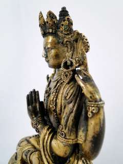 FINE Antique 18th C. Chinese Tibetan Gilt Bronze Stone Inlay Multi 