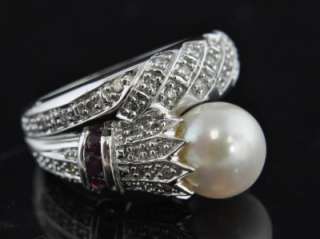 Samuel B 14K White Gold Akoya Pearl Diamond Pave Ruby Wrap Band Ring 5 
