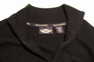 Harley Davidson Sweater Mens XL 1/4 Zip Pockets Black Orange White Top 
