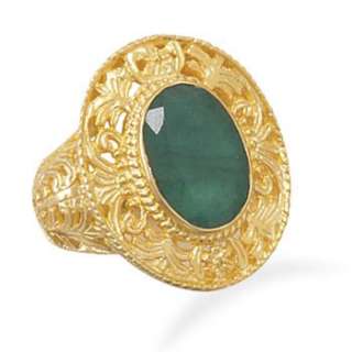 Ornate 14 Karat Gold Plated Rough Cut Emerald Ring  