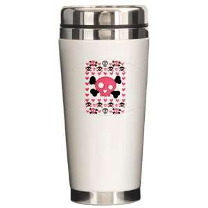  Ceramic Travel Drink Mug Pink Hearts and Skulls 