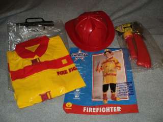   Childs Firefighter Costume & Hard Plastic Fireman Hat Lrg 12 14 age 8