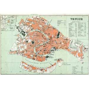  1896 Lithograph Antique Map Venice Italy Church Palace Hotels 