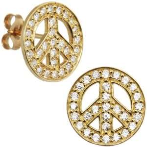  14K Yellow Gold CZ Paved Peace Sign Stud Earrings Jewelry