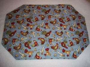 Fabric Placemats ROOSTER CHICKEN DUCK farm blue  