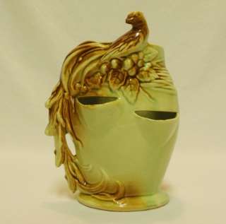   Pottery Strawberry Jar w/Peacock Planter Vase Green Brown 1950  