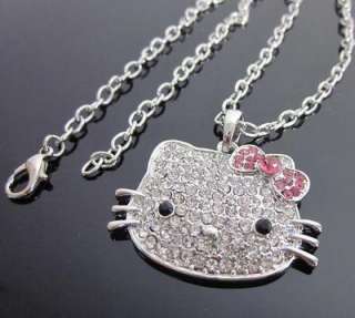 Hello Kitty Pink bowknot crystal pendant necklace xmas gift for lover 