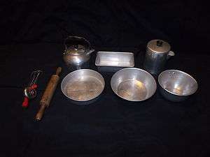 Vintage Aluminium Toy Baking Set Tea Pot Coffee Pot Rolling Pin Hand 