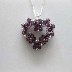 Silver Bead woven Amethyst Purple Crystal Open Heart Necklace (USA 