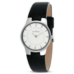   Womens Stainless Steel Black Leather Strap Watch  