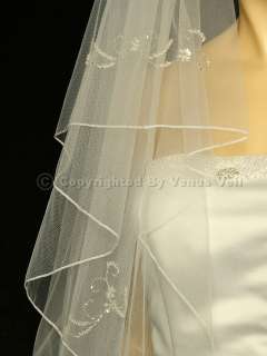   Ivory Waltz Knee Beaded Motifs Pencil Edge Bridal Wedding Veil  