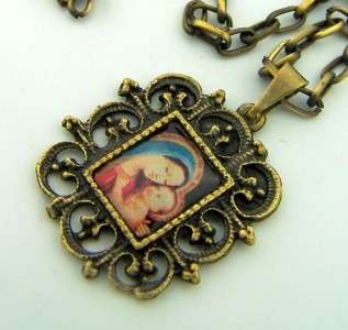 Bronze Madonna And Child Virgin Mary Medal Necklace NR  