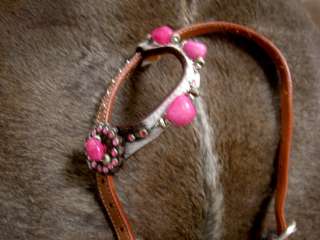 BRIDLE WESTERN LEATHER HEADSTALL TACK PINK STONES BLING  