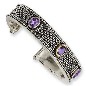  Sterling Silver and 14k 3.60ct Amethyst Cuff Bracelet 