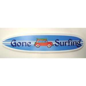 Beachy Blue Surfboard with Woody Gone Surfing Wooden Wall Sign Plaque