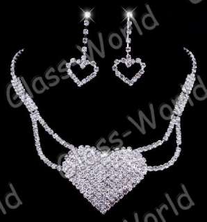 White Heart Austrian Rhinestone Crystal Necklace Earrings Set