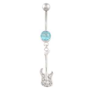  925 Sterling Silver Rock Star Guitar Belly Ring with Aqua 