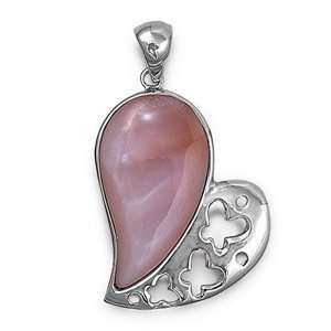   Silver Mother of Pearl Heart Shape w/ Butterflies Pendant Jewelry