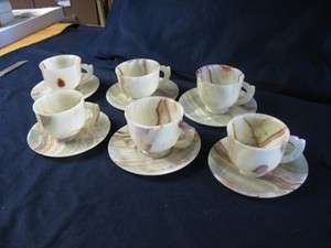 PAKISTAN ONYX HAND CARVED SET OF 6 TEA CUPS & SAUCERS  