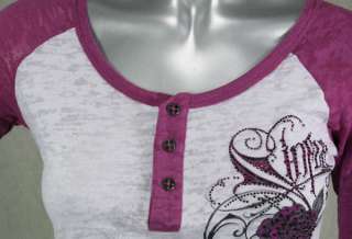 AFFLICTION womens shirt Burnout SINFUL Sage henley raglan Pink  