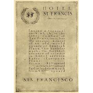 1908 Ad Hotel St. Francis James Wood Travel Tourism   Original Print 